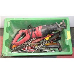 GREEN TOTE OF ASSORTED TOOLS