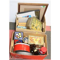 2 BOXES OF VINTAGE TINS & PICTURES.