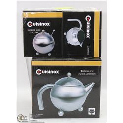 CUISINOX TEA SET: CREAMER, TEA POT, SUGAR BOWL