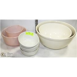 2 POTTERY  BOWLS, 2 PINK MIXING BOWLS AND 4 LARGE