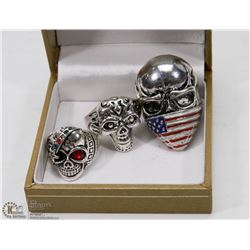 LOT OF 3 MENS SKULL BIKER RINGS
