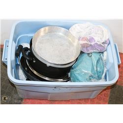 TOTE OF CAMPING DISHES AND MORE