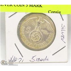 GERMAN WWII NAZI STERLING SILVER COIN 5 MARK