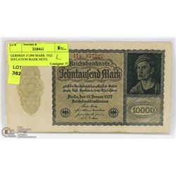 GERMAN 10,000 MARK 1922 INFLATION BANK NOTE.