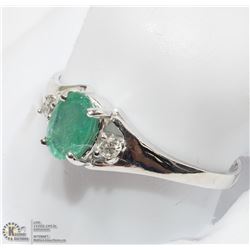 14) 10K WHITE GOLD EMERALD AND DIAMOND RING