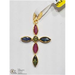 20) 18K YELLOW GOLD SAPPHIRE & RUBY CROSS PENDANT