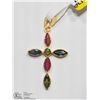 Image 1 : 20) 18K YELLOW GOLD SAPPHIRE & RUBY CROSS PENDANT