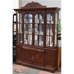 WOOD BUFFET & HUTCH WITH GLASS SHELVES