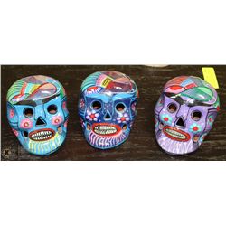 GROUP OF 3 HANDPAINTED SKULL ORNAMENTS