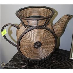 LARGE WICKER AND WROUGHT IRON TEA POT DECO -