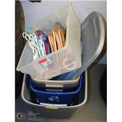 4 STORAGE CONTAINERS WITH LIDS AND APPROX 39 COAT