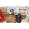 Image 1 : TWO VINTAGE SEWING BASKETS AND NATIVE CARVING SHIELD AND SIGNED EAGLE PAINTING