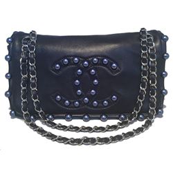 Chanel Navy Blue Leather Pearl Trim Classic Flap