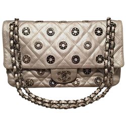 Chanel Silver Perforated Leather Classic Flap with Embellished Grommets