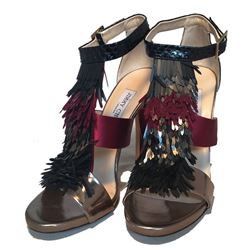Jimmy Choo Black Purple and Gunmetal Fringe Trim Strap Heels Size 38
