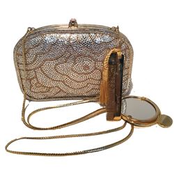 Judith Leiber Swarovski Crystal Gold Floral Print Minaudiere Evening Bag Clutch