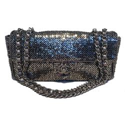 Chanel Silver Paillette Sequin Classic Flap Shoulder Bag