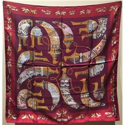 Hermes Vintage Rhytons Silk Scarf in Burgundy