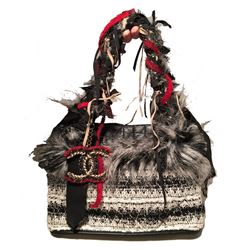 Chanel Grey Black and White Tweed Fur and Ribbon Handbag