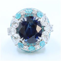 GIA 18.88CT  CEYLON SAPPHIRE / BRAZILLIAN PARAIBA 18K WHITE GOLD RING