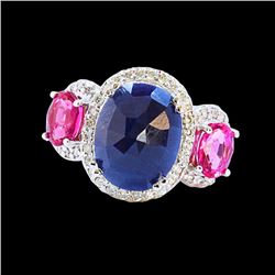 5.81CT NATURAL CEYLON BLUE SAPPHIRE / PINK TOURMALINE 14K W/G RING