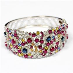15.80ct Natural Burma Ruby and Multi Color Ceylon Sapphire 14K White Gold Bangle