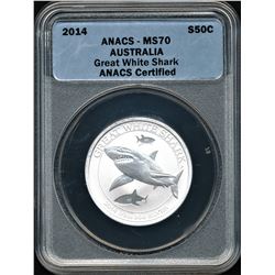 2014 50 Cent Australia Great White Shark 1/2 oz .999 Fine Silver Coin ANACS MS70