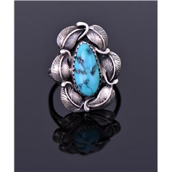 Sterling And Blue Turquoise Ring Signed E ]