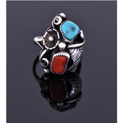 Sterling Turquoise And Red Coral Ring Signed Hl