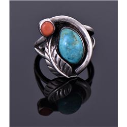 Turquoise And Red Coral Ring Signed Dt