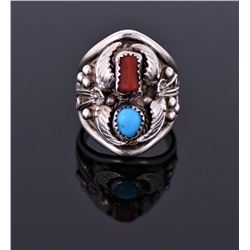 Sterling Native American And Red Coral Ring Signed