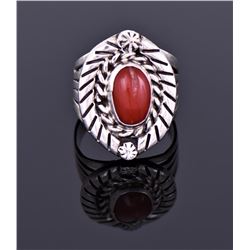 Red Coral Ring Marked Sterling