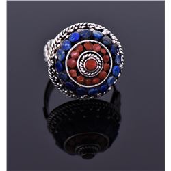 Large Sterling Red Coral And Lapis Ring
