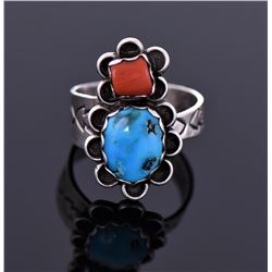 Sterling Blue Turquoise And Red Coral Ring Signed
