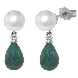 Genuine 8.7 ctw Pearl, Green Sapphire Corundum & Diamond Earrings Jewelry 14KT White Gold - REF-27X6