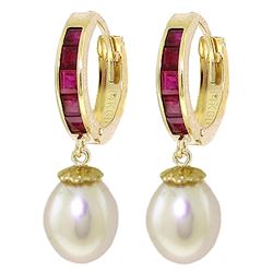 Genuine 9.3 ctw Ruby & Pearl Earrings Jewelry 14KT Yellow Gold - REF-46W2Y