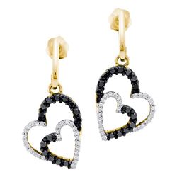 0.50 CTW Black Color Diamond Double Heart Dangle Earrings 10KT Yellow Gold - REF-37W5K