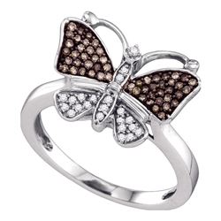 0.20 CTW Cognac-brown Color Diamond Cluster Butterfly Bug Ring 10KT White Gold - REF-19F4N