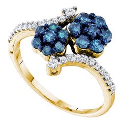 0.80 CTW Blue Color Diamond Double Flower Cluster Ring 10KT Yellow Gold - REF-37W5K