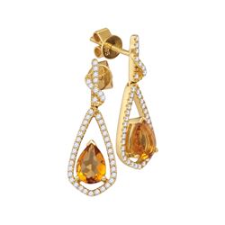 1.59 CTW Pear Natural Citrine Diamond Dangle Earrings 14KT Yellow Gold - REF-89M9H