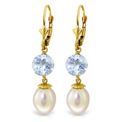 Genuine 11.10 ctw Pearl & Aquamarine Earrings Jewelry 14KT Yellow Gold - REF-30N6R