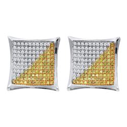 0.15 CTW Mens Yellow Color Diamond Square Kite Cluster Earrings 10KT White Gold - REF-11K2W