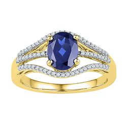 1.8 CTW Oval Created Blue Sapphire Solitaire Diamond Ring 10KT Yellow Gold - REF-25H4M