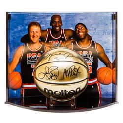 Michael Jordan, Larry Bird  Magic Johnson Signed Team USA LE Molten Gold Basketball Curve Display (U
