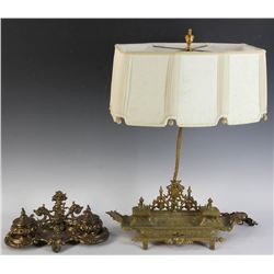 French Bronze Lamp with Bronze Inkstand