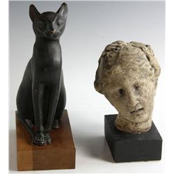 Classical Roman Head and Cat Sculptures