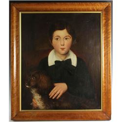 19thC Folk Art Oil on Canvas of Boy and Dog