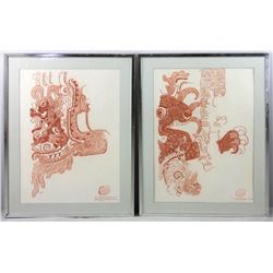 Pair of Guatemalan Temple Figure Head Drawings