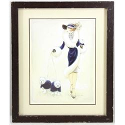Karen Dupre Gouache of Lady Walking Dogs