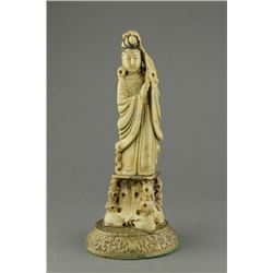 Chinese Shoushan Stone Kwanyin with Bronze Base